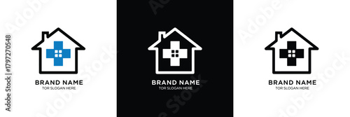 Three medical logo designs featuring a house with a cross symbol, ideal for healthcare branding and business identity.