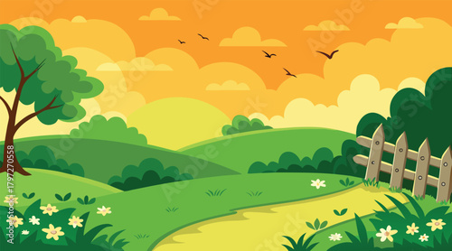 Sunset landscape with rolling hills and birds flying