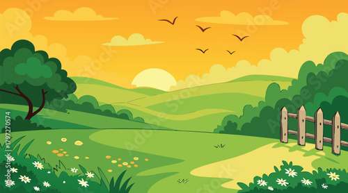 Scenic countryside landscape with sunset and birds