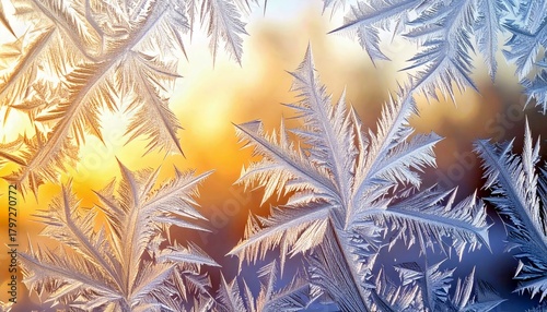 Intricate ice crystals form fern-like patterns on a window, illuminated by the warm glow of the sun.