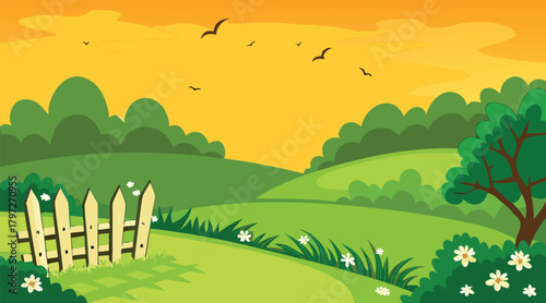 Green field landscape with fence and birds in sky