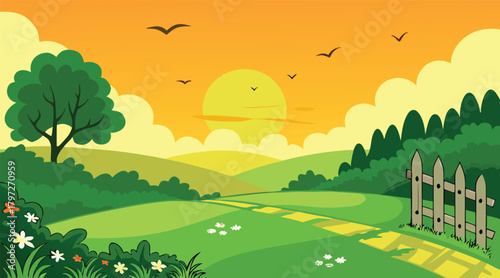 Sunset landscape with rolling hills and birds flying