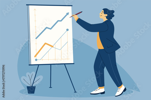Manager hand drawing upward trend graph line with red marker on flip chart, business growth, strategy.