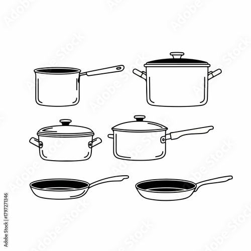 Outline set of various kitchen cookware including frying pans, saucepans, and stockpots.