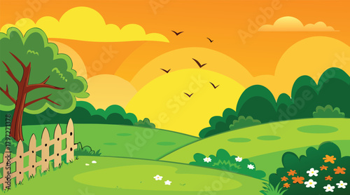 Sunset landscape with birds flying over green field