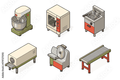 Professional food preparation machinery set in isometric view featuring mixer, oven, deep fryer, and slicer