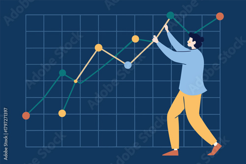 A determined businessman meticulously adjusts a large graph board displaying dynamic, real-time data points on a futuristic interface.