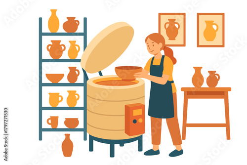 Female ceramic artist placing a freshly made clay bowl into a large firing kiln