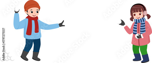 Boy and Girl Holding Snowball – Cute Winter Kids Illustration