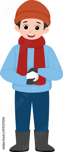 Boy holding snowball -winter kids illustration