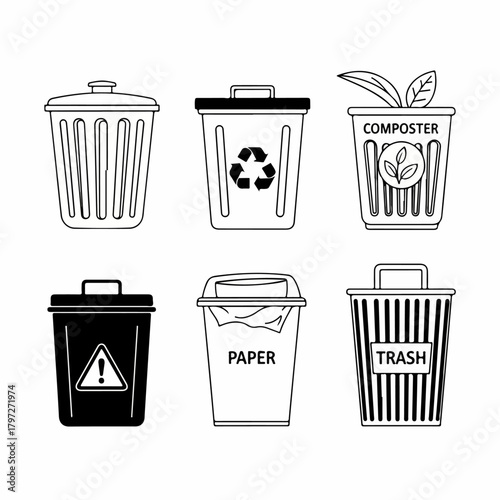 Black and white line art icons of various waste disposal and recycling bins, including trash, compost, paper, and hazardous waste containers.