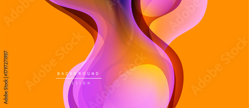 Abstract fluid shapes overlap, creating vibrant gradients. Orange background complements purple, pink hues. Modern design element.