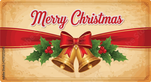 Festive christmas bells with holly berries and a red ribbon on parchment paper