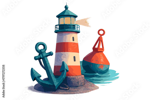 Striped lighthouse, large anchor, and red sea buoy on a small island base
