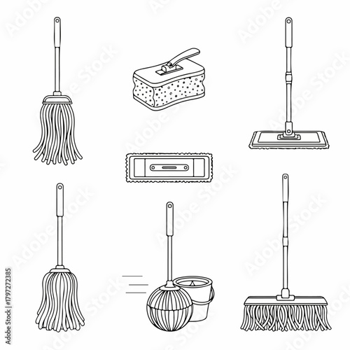 Cleaning supplies outline vector set: collection of floor mops, sponge, and bucket for house chores, hygiene, and household maintenance.