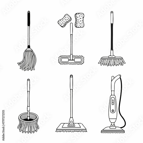 Black and white outline set of floor cleaning tools including various mops, sponge mops, and a steam cleaner, isolated on white background.