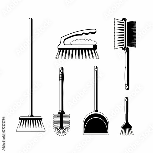 Monochrome Vector Icons of Household Cleaning Supplies: Broom, Dustpan, Toilet Brush, and Various Scrub Brushes.