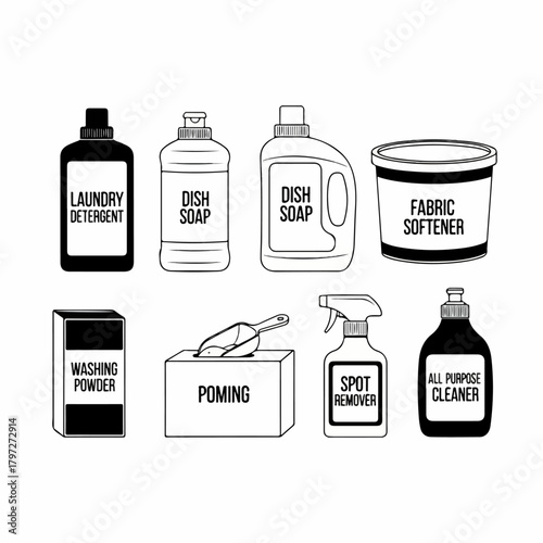 Monochrome icon set featuring essential household cleaning supplies, laundry detergent, dish soap, fabric softener, and all-purpose cleaner vector illustration.