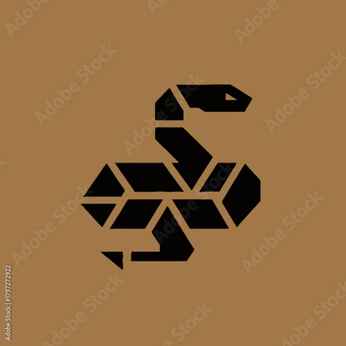 A stylized black geometric snake logo design on a brown background.