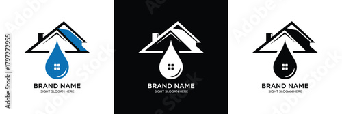 Three sleek logo designs featuring roof, house, and water drop icons, ideal for construction or roofing brand identity.