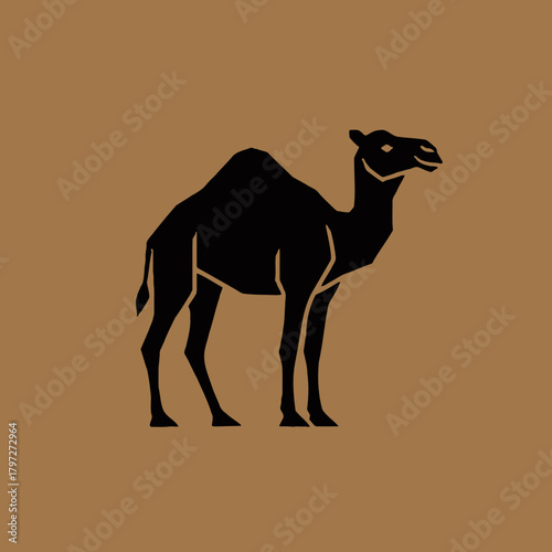 A minimalist black silhouette of a dromedary camel standing against a solid brown background.