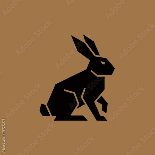 A minimalist black silhouette of a rabbit sitting on a brown background, rendered in a geometric style.