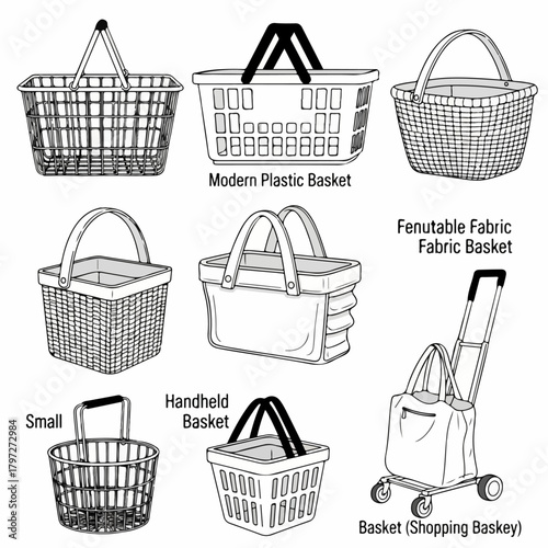 Vector illustration showing a collection of shopping baskets and carts designs, including modern plastic, wire, fabric, handheld, and rolling options.