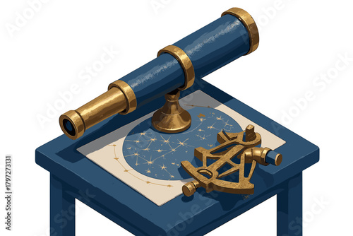 Vintage telescope, navigational sextant, and celestial star chart in isometric view