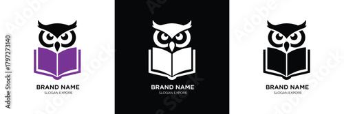 Three stylized owl logos holding open books in purple, white, and black color schemes, ideal for educational branding.
