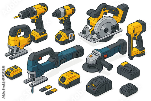 Professional cordless power tools set with rechargeable batteries for construction and home improvement