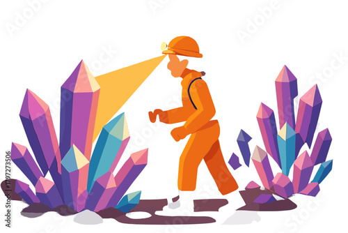 Person wearing a hard hat and headlamp exploring a cave filled with large colorful crystals and minerals