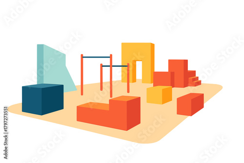 Stylized outdoor fitness area design with colorful geometric obstacles and pull up bars