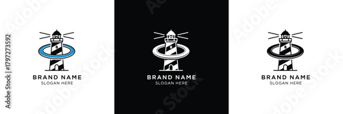 Three vintage lighthouse logo designs with a brand name placeholder, featuring black, white, and monochrome themes.