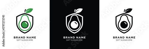 Three minimalist avocado-themed shield logos with editable brand name placeholders, featuring clean black and white designs.