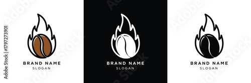 Three logos featuring flame designs with coffee bean, baseball, and soccer ball, each with customizable brand name text below.