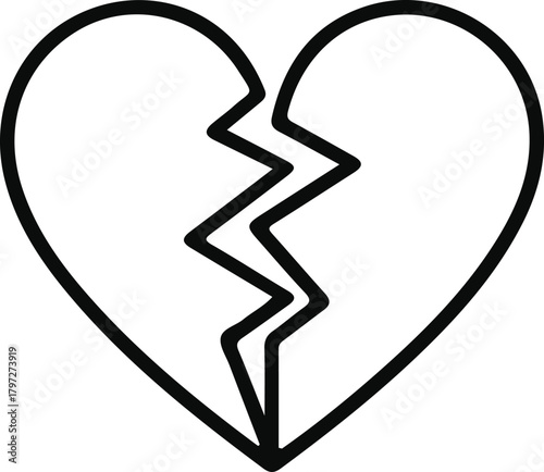 Broken heart outline symbol of sadness, Minimal line-art illustration of a heart split down the middle, representing heartbreak, emotional pain, separation, or the end of a relationship.

