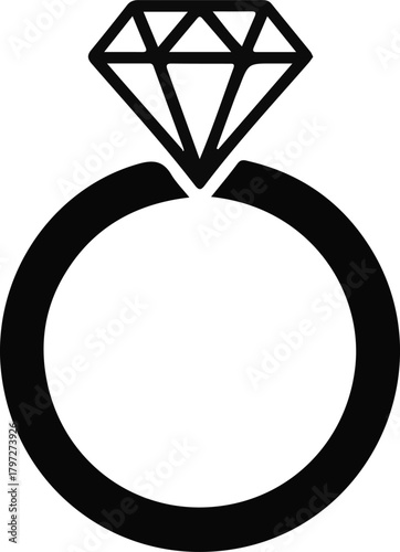 Diamond engagement ring bold outline icon, Minimal line-art illustration of a diamond-topped engagement ring symbolizing marriage proposals, commitment, luxury, romance, and special celebrations.

