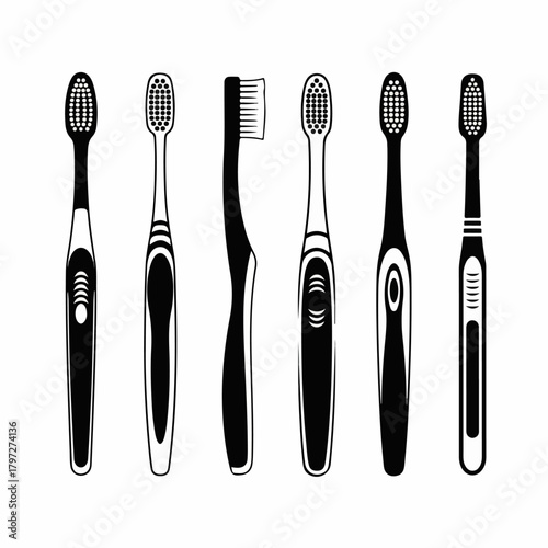 Set of modern toothbrush icons. Black silhouettes of various dental hygiene tools on a white background.