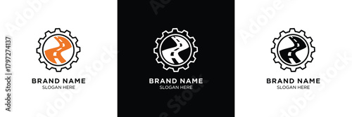 Three logo designs featuring a gear and horse silhouette with customizable brand name placeholder in monochrome and orange-black color schemes.