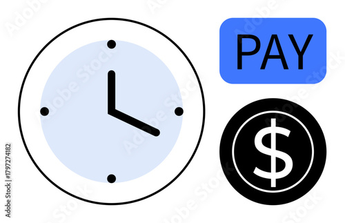 Clock highlighting time, bold PAY block, and dollar circle communicate time management, salary, payment, budgeting, business, deadlines, and compensation simple flat metaphor