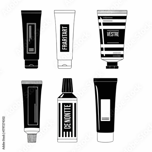 Black and white vector set of cosmetic and medication tubes, cream containers, and packaging mockups for beauty products or art supplies.