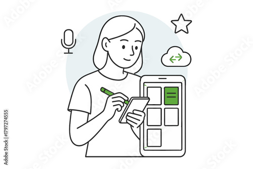 Woman using stylus to write on smartphone screen surrounded by digital service icons