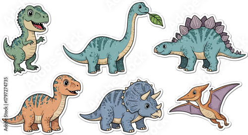 Adorable cartoon dinosaurs set, ready to bring prehistoric fun to your designs and captivate kids with these charming creatures from a bygone era