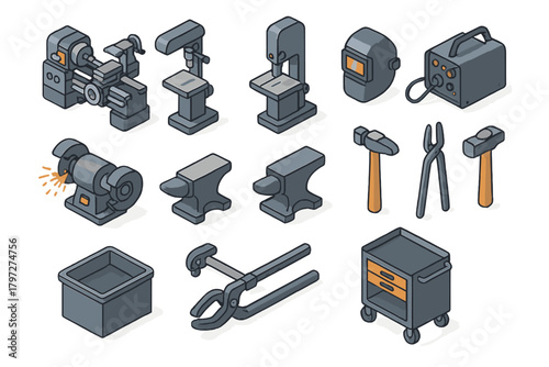 Isometric metalworking and blacksmith tools: lathe, drill press, grinder, anvil, welding equipment
