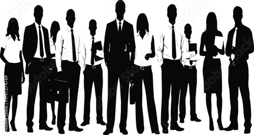 Black and white silhouette of a large, diverse corporate business team standing together confidently, professional men and women in formal attire, isolated banner.