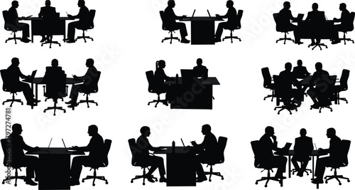 Professional black silhouette vector illustrations of business people, managers, and executives meeting, discussing, 
