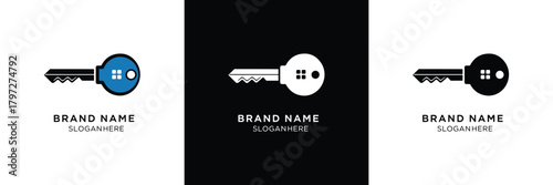 Three sleek key logos in black and blue, designed for brand identity with minimalist style and clean typography.