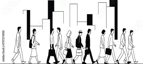 Diverse group of men and women professionals walking in a line with a cityscape background, representing busy urban life, commuting, business people, modern corporate workforce, and daily rush.