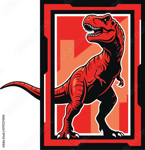 Roaring red Tyrannosaurus Rex illustration with fierce expression and dynamic pose makes a bold statement for posters, apparel, and vibrant design projects