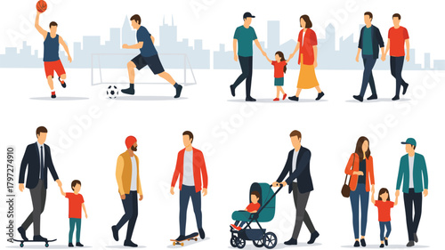 Vector set of diverse people performing various outdoor activities in the city, urban lifestyle scenes including sports, family walking, and skateboarding against a skyline.